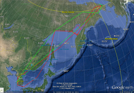 Migratory pathway of a dunlin tagged with a geolocator at the Chaun Delta, Chukotka.